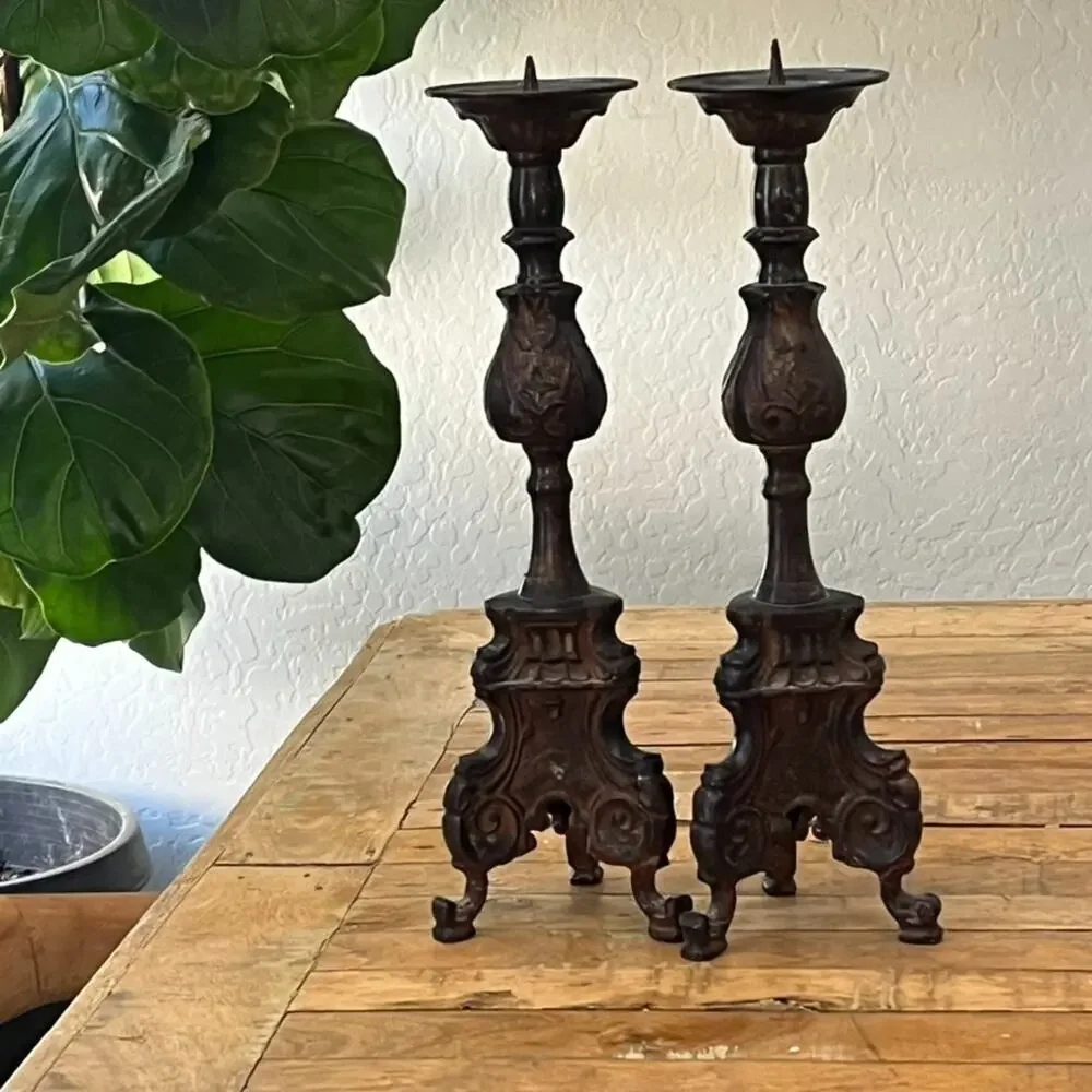 Rare Vintage Baroque Cast Iron Church Altar Candlestick Holders 13.75” Tall